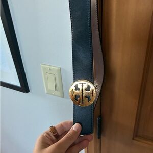 Black Tory Burch Leather Belt with Gold Buckle
